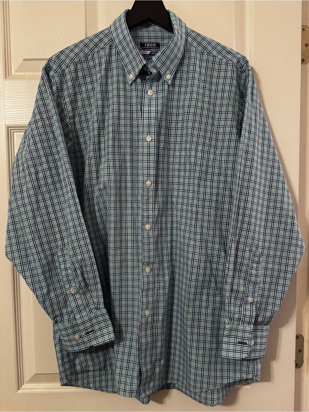 IZOD Men’s Green & Blue Plaid Button-Down Shirt Size 16 1/2 32/33 Regular Fit